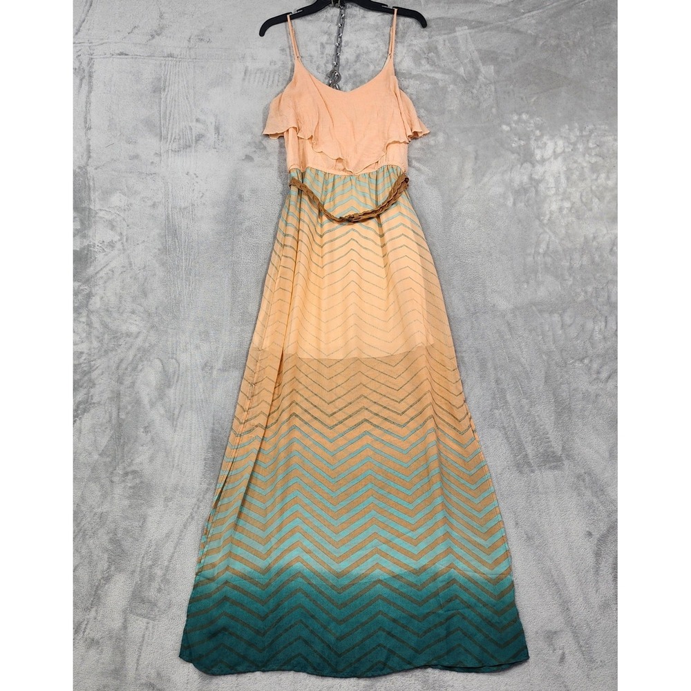 Maurices Dress Womens M Peach Teal Chevron Chiffonβ Ruffle Belted Maxi Sundress